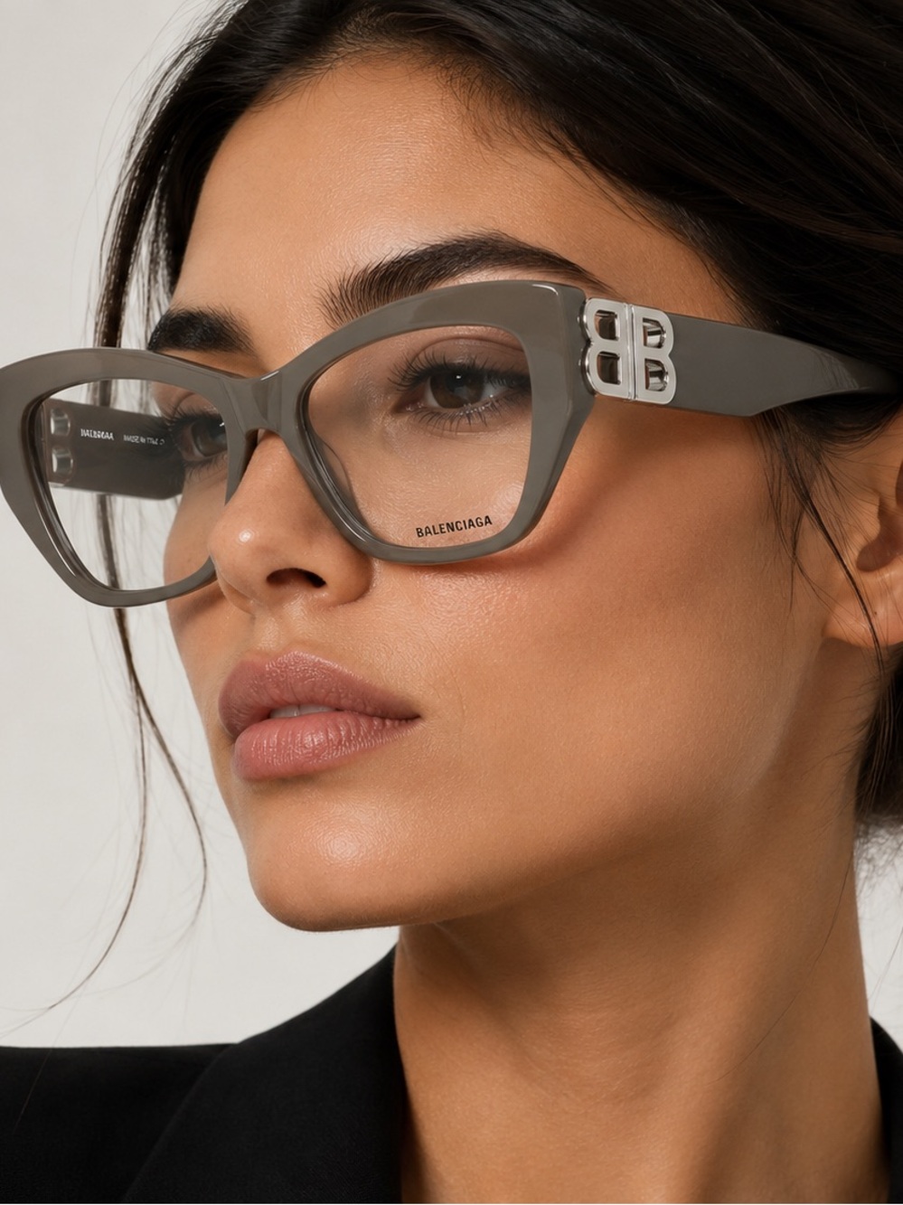 New Balenciaga BB0312O 005 Gray Cat-Eye Glasses with Silver BB Logo Authentic